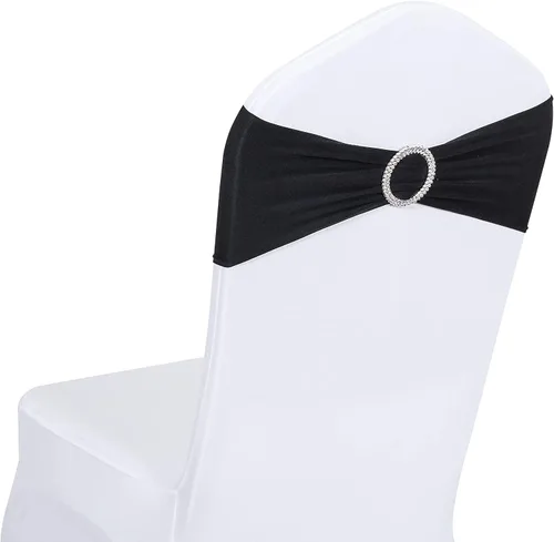 Bandas negras para silla, 25 lazos de elastano, bandas para cubierta de silla con hebilla deslizante para banquetes, fiestas, decoración de eventos
