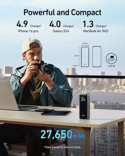 Miniatura 4 de Anker Prime Power Bank, cargador portátil de 27,650 mAh de 3 puertos y 250 W para viajes, aprobado por la TSA, aplicación inteligente, para MacBook