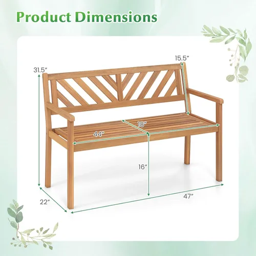 Miniatura 3 de Tangkula Banco de dos plazas de madera de acacia para exteriores, banco de jardín para 2 personas con reposabrazos y respaldo, muebles de madera