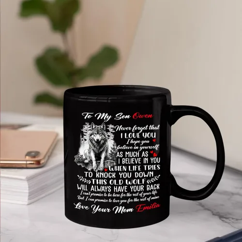 Miniatura 3 de Taza de café personalizada con texto en inglés «To My Son Never Forget That I Love You To Knock You To Knock You Down This Old Wolf Will Have Your