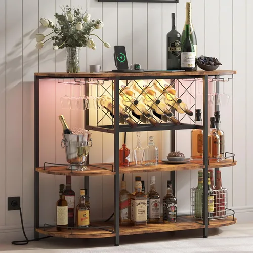 ZOPEND Carro de Bar con Estante para Vino, Mesa con Enchufe de Energía y Luz LED, Mesa de Bar de Café de Tres Niveles, Estante de Vinos para Licores