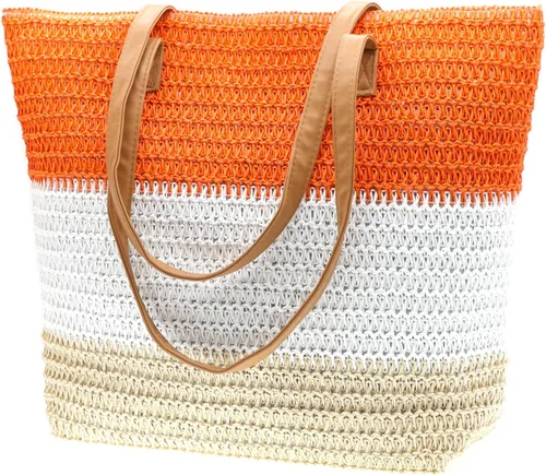Miniatura 49 de Bolso grande de paja para mujer, tejido de ratán, bolso de playa de verano, a rayas