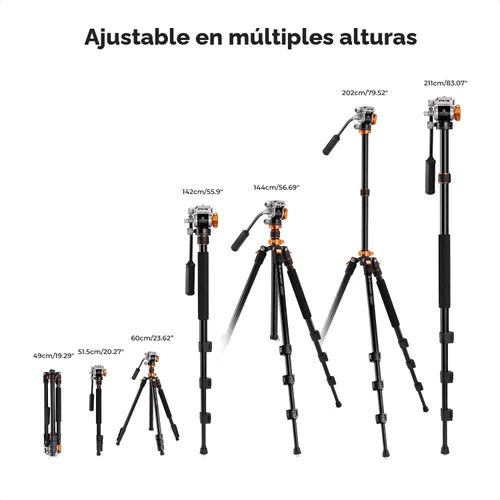 Miniatura 7 de K&F CONCEPT Trípode de video de cámara de 83 pulgadas para DSLR, trípode de aluminio compacto con cabezal fluido panorámico de 360° para viajes