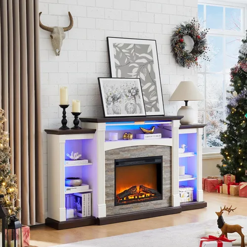 Miniatura 10 de SAVOR LIFE Soporte de TV con Chimenea para TV de 80'', Chimenea Eléctrica de 70" con Repisa, Centro de Entretenimiento Estilo Granja de 39" de Alto