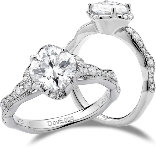 DovEggs Cushion Cut Moissanite Rings for Women 14K Gold QUALITY Silver 1.5ct Center 7X7mm G-H-I Color Moissanite Floral VintageAntique Engagement