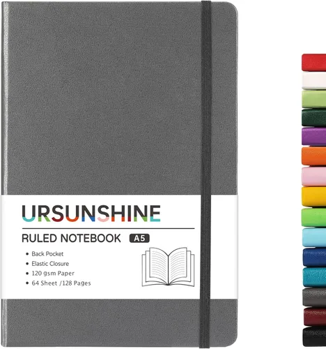 Miniatura 23 de Cuaderno punteado, diario, 5.3 x 8.26 pulgadas, tapa dura, prémium, papel grueso, doble espiral, bandas, cuero negro sintético, lazo para bolígrafo