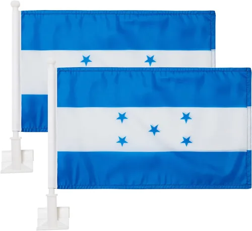Paquete de 2 banderas de automóvil, bandera de Honduras para exteriores con bandera hondureña y mástil, el clip para ventana con logotipo de