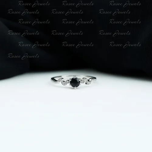 Miniatura 2 de Anillo de promesa de ónix negro natural con diamante para mujer, anillo de hoja de cuentas Calidad AAA