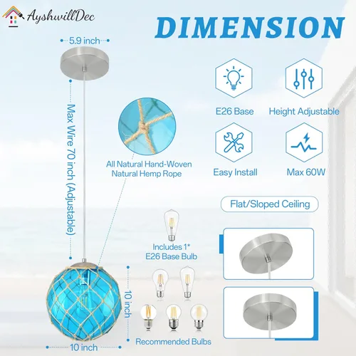 Miniatura 4 de Lámpara colgante costera azul de 10 pulgadas para isla de cocina, lámpara de techo con globo de vidrio oceánico para casa de playa, lámpara colgante