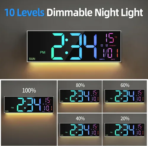 Miniatura 6 de LEIKE Reloj de pared digital grande de 16.2 pulgadas con control remoto, LED grande, alarma dual, 8 colores RGB, brillo automático, fecha, DST