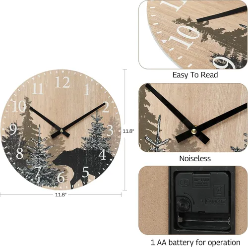 Miniatura 4 de SwallowLiving Reloj de pared con oso de cabaña, 12 pulgadas, silencioso, sin tictac, bosque de madera, vida silvestre, montaña, cabaña, reloj