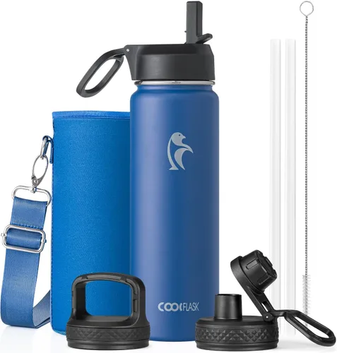 Miniatura 51 de Coolflask Botella de agua de 20 onzas aislada con pajilla, 3 tapas de metal de acero inoxidable, botella de agua de boca ancha para deportes u