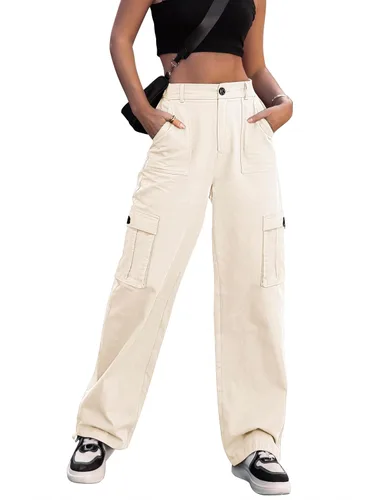 Zmpsiisa Pantalones cargo de cintura alta, para mujer, pantalones informales de pierna ancha, 6 bolsillos, pantalones militares de combate