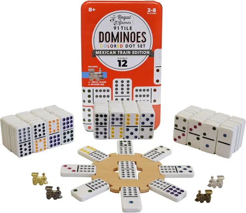 Miniatura 5 de Regal Games Juego de dominó doble de tren mexicano con 12 fichas para adultos y niños, juego de dominó con 91 azulejos de puntos de colores y 4