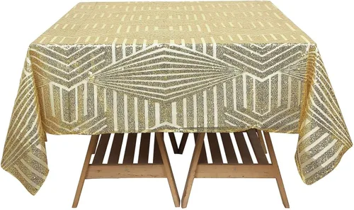 Miniatura 7 de Efavormart - Mesa cuadrada de tul geométrico con lentejuelas doradas brillantes de 72 pulgadas Dorado