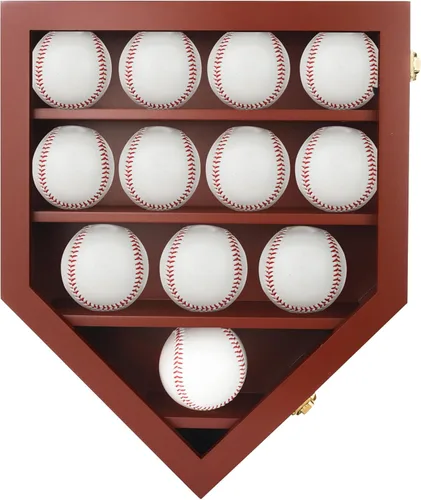 Miniatura 10 de FramePro Estuche de exhibición de béisbol, caja de sombras, estante organizador de gabinete de pared para 12 bolas con puerta delantera de madera