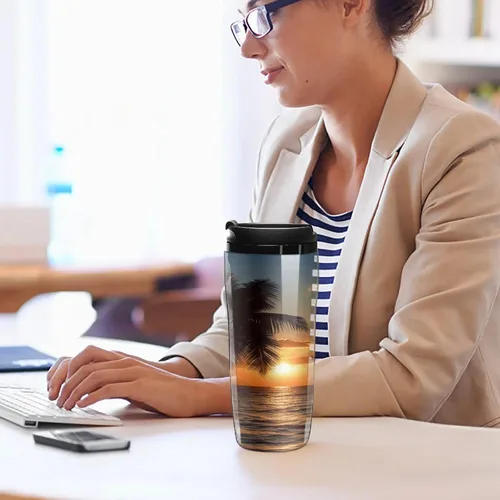 Miniatura 7 de Sunset Palm Tree Ocean Coffee Cup Hot Coffee Travel Mug Reusable Iced Coffee Cups Double Heat Insulation Coffee Mug with Leak-Proof Lid Stylish