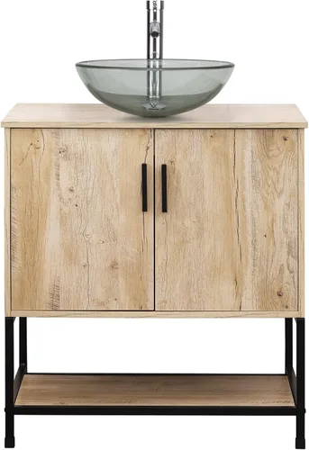 Miniatura 9 de UEV Mueble de baño de roble rústico de 30 pulgadas con lavabo, juego de gabinete de baño con marco de hierro industrial con puertas y estante