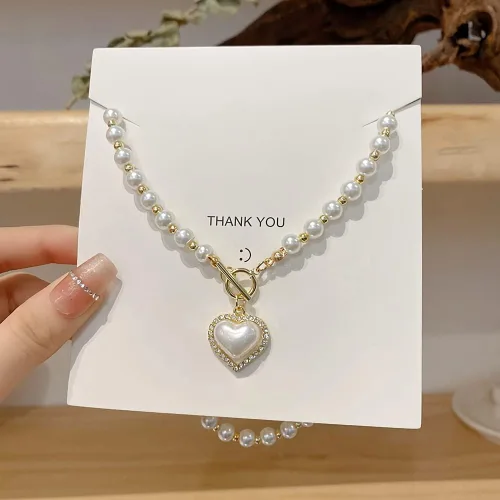 Miniatura 2 de GELMOINY Collares de perlas para mujer, collar de perlas de imitación de 0.23 pulgadas, collar de perlas de corazón chapado en oro de 14 quilates