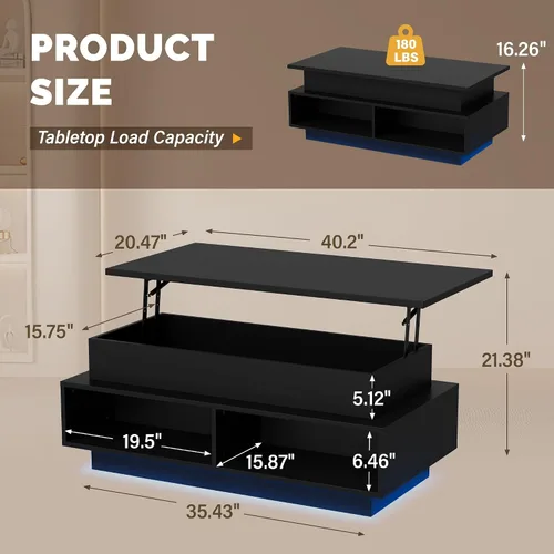 Miniatura 2 de YESHOMY Mesa de Centro Elevable de 40" con Almacenamiento Oculto y Luces LED Multicolor, Mesa Cuadrada Moderna de Madera con 4 Estantes Abiertos