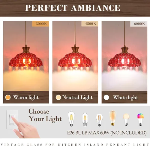 Miniatura 7 de Lámpara colgante de cristal rojo, 11.8 pulgadas, iluminación colgante vintage de vidrio dorado cepillado, lámpara de techo colgante moderna