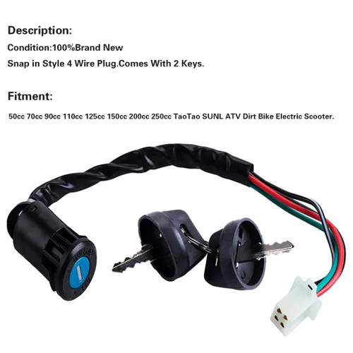Miniatura 6 de Interruptor de Arranque Izquierdo de 3 Funciones + Interruptor de Encendido de 4 Cables con Llave y Tapa para ATV Chino Quad 4 Wheeler TaoTao SUNL