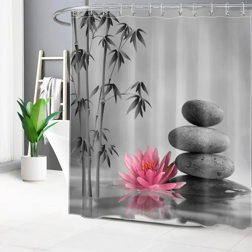 Miniatura 15 de LB Cortina de ducha de spa Zen azul y gris, piedra de bambú gris con flor de lirio de agua azul, cortina de ducha moderna para spa, decoración