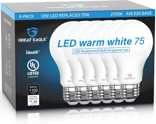 Great Eagle - Bombillas LED A19 equivalentes a 75 W, certificación UL, color blanco cálido de 2700 K, bombillas LED de 75 W, no regulables, repuesto