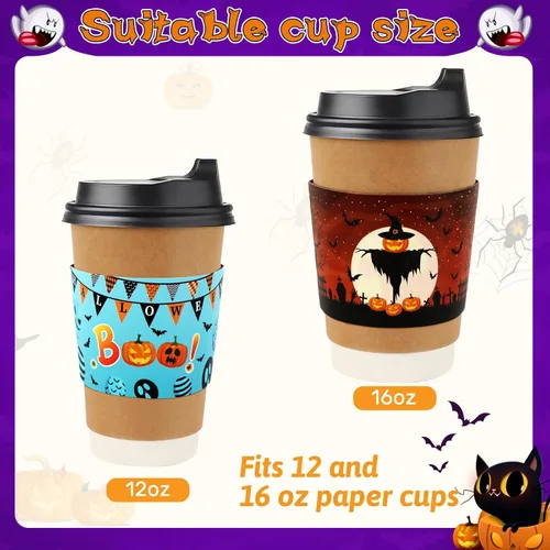 Miniatura 3 de NOVWANG 54 fundas para tazas de café de Halloween, divertidas fundas desechables de papel para tazas de 12 y 16 onzas, bebidas calientes