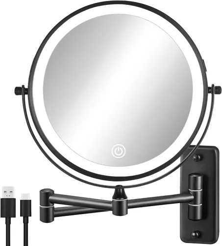 DECLUTTR Espejo de maquillaje recargable montado en la pared con luces, espejo de aumento de 10X de 8 pulgadas con 3 luces de colores, espejo de