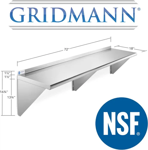 Miniatura 3 de GRIDMANN Estante de montaje en pared de acero inoxidable de 18 x 72 pulgadas con protector contra salpicaduras, grado comercial, estantería