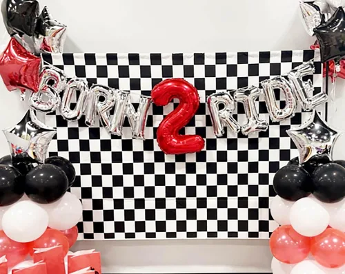 Miniatura 4 de XLL Blanco y negro Racing Checker Textura Grid Cumpleaños Tablero de ajedrez Tema Foto Fondo 8x8FT Tela Niños Niños Cumpleaños