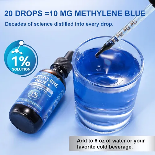 Miniatura 7 de Azul de metileno grado farmacéutico, solución azul de metileno al 1% para la salud cerebral humana y apoyo energético, pureza ultra alta, botella