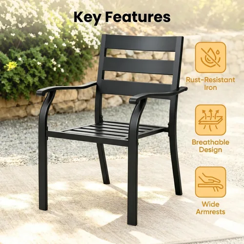 Miniatura 4 de Juego de 2 sillas de comedor apilables negras para patio, sillas bistró de metal para exteriores con reposabrazos, muebles de patio para todo tipo