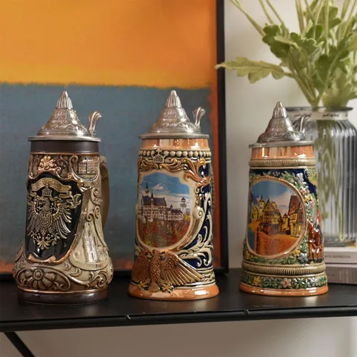 Miniatura 6 de Taza de cerveza alemana Oktoberfest Bávara Frankfurt Viking Tankard con tapa Petwer para hombres, padre amante de la cerveza, 0.6 litros