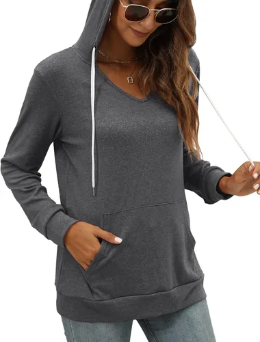Miniatura 2 de Saloogoe Sudaderas con capucha con bolsillo tipo canguro para mujer, cuello en V, ligeras, manga larga