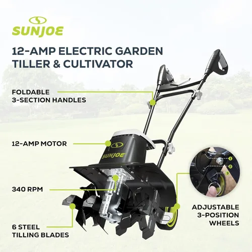 Miniatura 3 de Cultivadora eléctrica Sun Joe con ruedas, 16", Verde