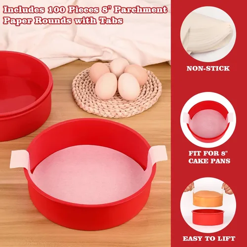Miniatura 5 de HUAKENER Molde redondo para pasteles de 8 pulgadas, paquete de 3 moldes de silicona para pasteles con 100 piezas de papel pergamino, moldes