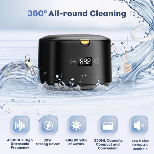 Miniatura 4 de Limpiador ultrasónico de 30 W, limpiador ultrasónico profesional de joyas, 45 kHz 7.8 fl oz, máquina de limpieza portátil para dentaduras