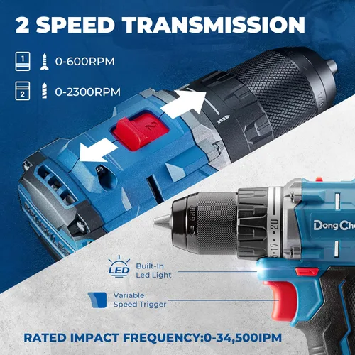 Miniatura 5 de Dong Cheng Taladro de impacto resistente sin escobillas de 20 V, 531 pulgadas, con batería de 2 x 2.0 Ah, portabrocas de metal sin llave de 1/2