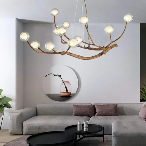 Miniatura 3 de Moderno candelabro Sputnik de burbujas de cristal, 12 luces, ramas de madera de mediados de siglo, lámparas de techo, lámpara de techo industrial