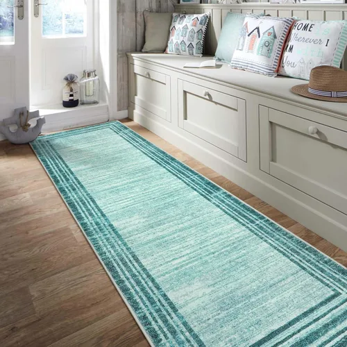 Miniatura 64 de Alfombra de pasillo moderna abstracta Lahome, alfombra lavable turquesa de 2 x 6 pulgadas para entrada, alfombra antideslizante de bajo pelo