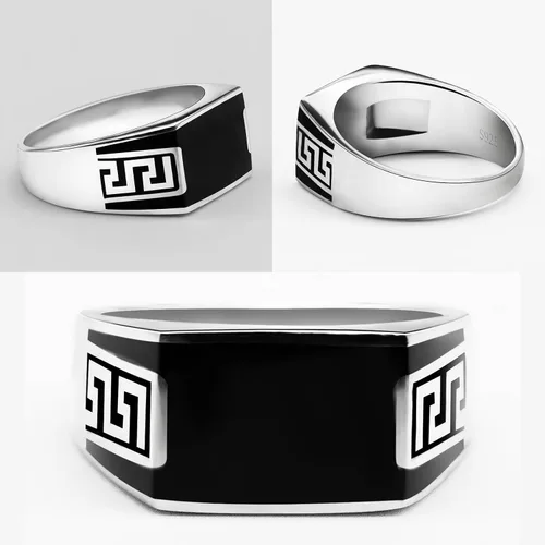 Miniatura 2 de AROTOROM 925 Sterling Silver Ring with Solid Rectangle Signet Black Enamel Ring, Turkish Classic Design Handmade Jewelry,Fashion Signet Ring