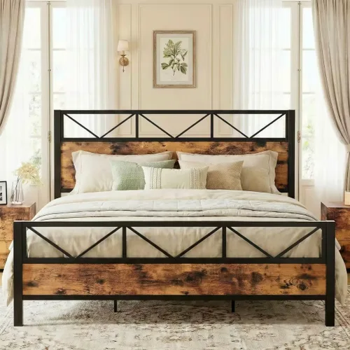 Miniatura 22 de LIKIMIO - Base de cama Queen, cabecero industrial alto de 51.2", con soporte metálico resistente, estructura de cama sólida y estable, libre