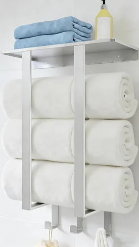 Miniatura 8 de Toalleros para baño, toallero con estante y 3 ganchos, soportes de almacenamiento de toallas de pared para toallas de baño enrolladas, color negro