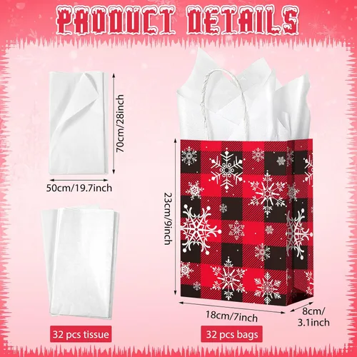 Miniatura 2 de Paquete de 32 bolsas de regalo de fiesta de copo de nieve de Navidad, bolsas de regalo a cuadros rojos y negros con tejido blanco, bolsa de papel