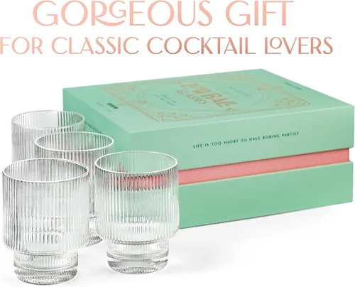 Miniatura 6 de GLASSIQUE CADEAU Vasos de cóctel vintage Art Deco acanalados, juego de 4, vasos dobles de cristal de 12 onzas para beber whisky clásico, ginebra