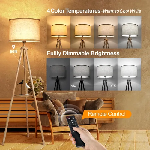 Miniatura 20 de OUTON - Lámpara de pie de trípode de madera con estantes, lámpara de pie de mediados de siglo con control remoto, 4 temperaturas de color, lámpara