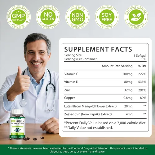 Miniatura 6 de Suplemento de luteína y zeaxantina, vitaminas oculares 150 cápsulas blandas, 20 mg de luteína y 4 mg de zeaxantina con vitaminas C, E, zinc, cobre