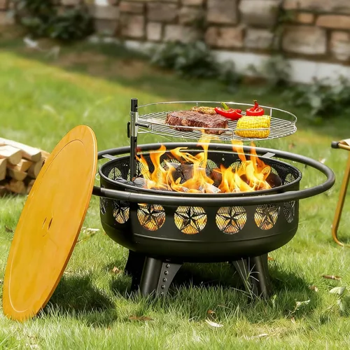 Verdeluxe Pozo de fuego de 32 pulgadas con rejilla de cocción giratoria, hoguera de leña 3 en 1 con parrilla, mesa de fogata al aire libre con tapa